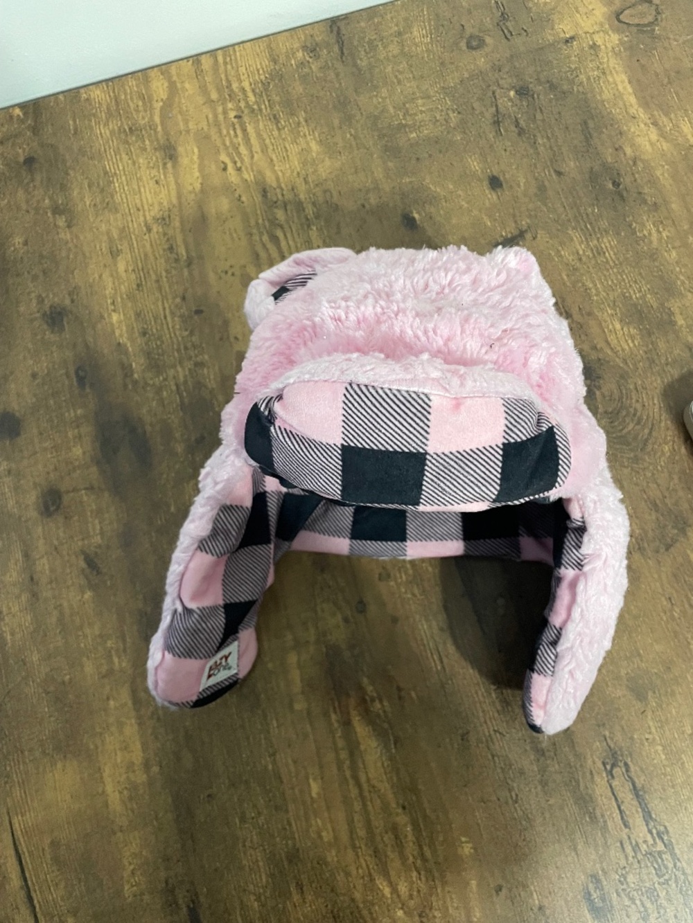 Lazy one Pink and black plaid fuzzy hat with ear flaps